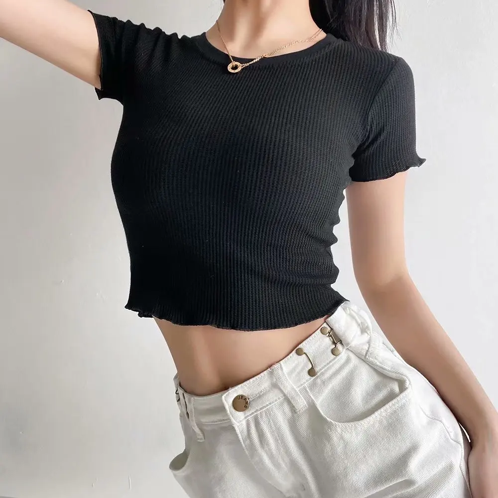 casual knitted fungus cropped tops shirts