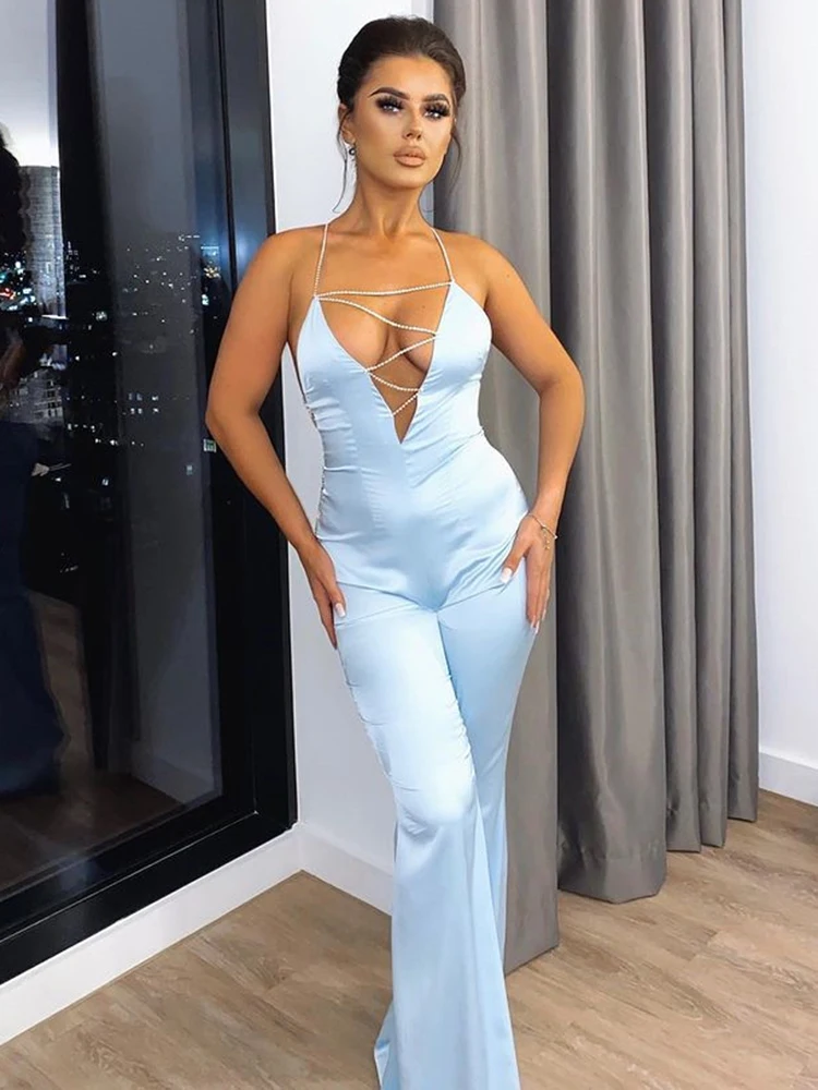 fashion crystal diamond backless jumpsuit for